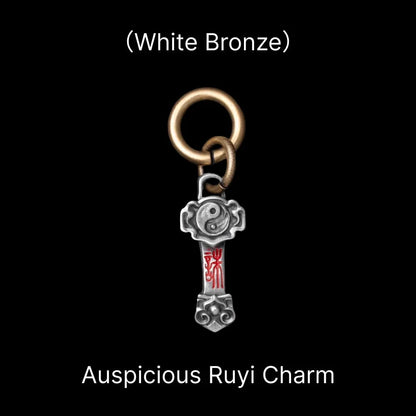 Ruyi Charm Pendant in White Bronze, Cinnabar — With Brass Ring