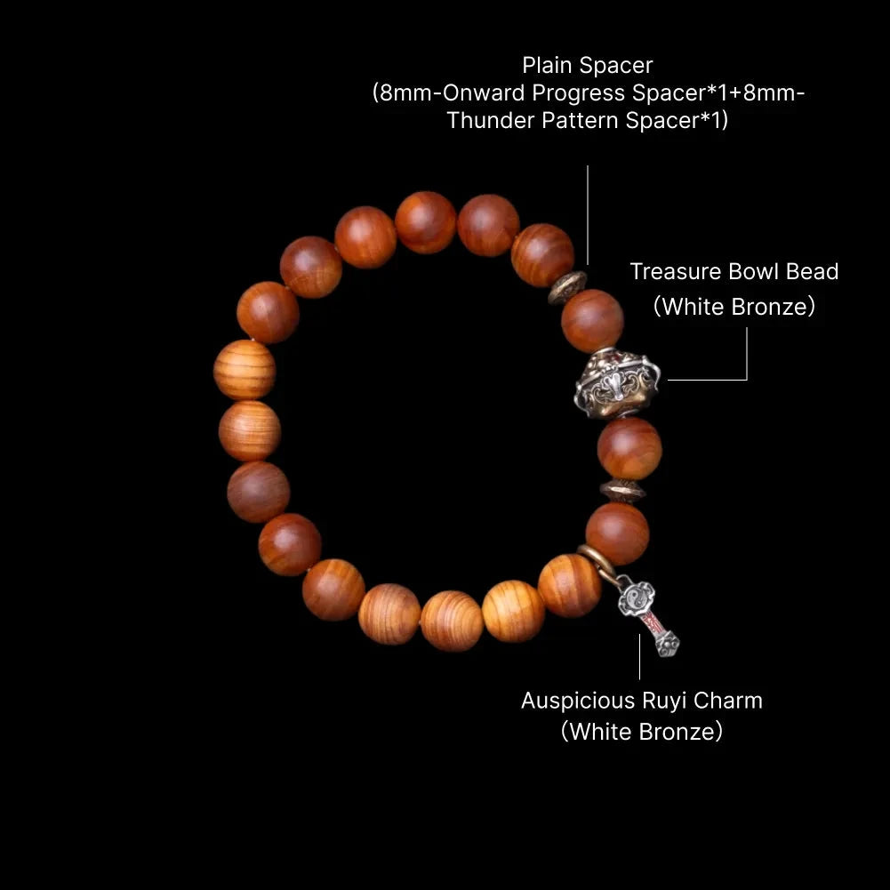 Ruyi Charm Pendant in White Bronze, Cinnabar — With Cypress Bracelet