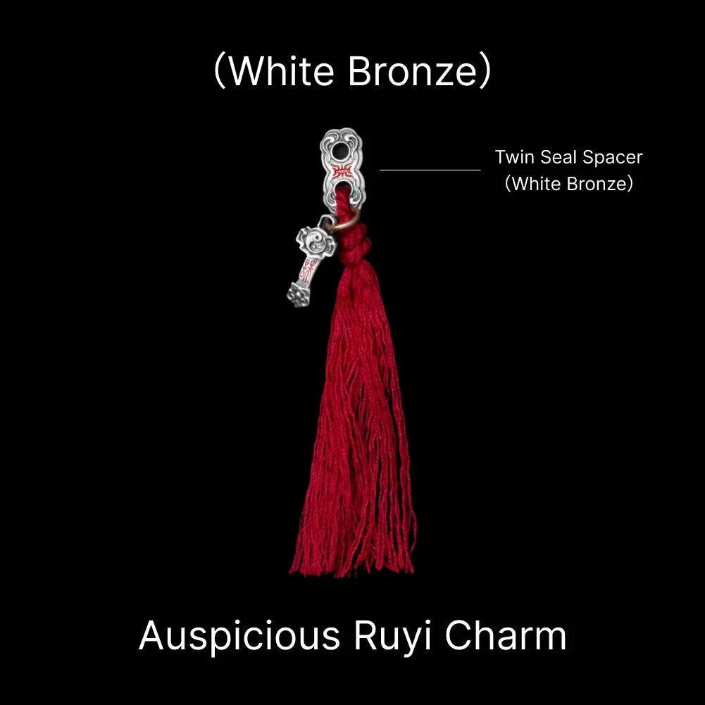 Ruyi Charm Pendant in White Bronze, Cinnabar — With Twin Seal Tassel