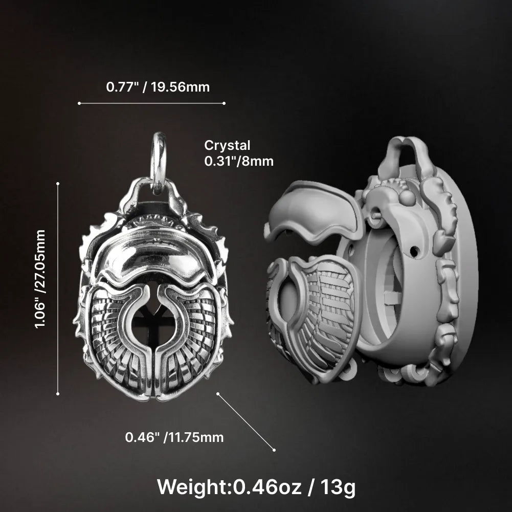 White Bronze Scarab Pendant dimensions and 8mm crystal chamber