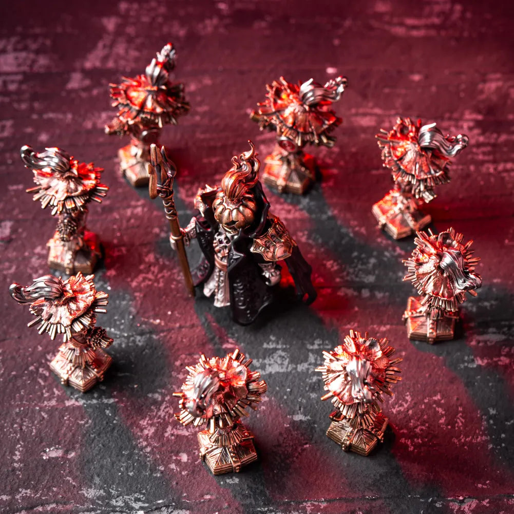 Multiple Scarecrow Training Dummy figures in a red battlefield formation
