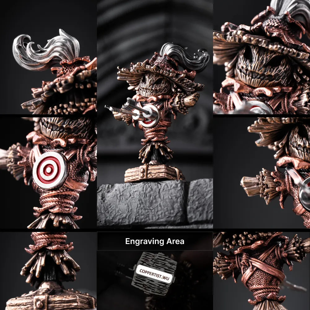 Close-up views of Scarecrow Training Dummy sculpting and engraving area