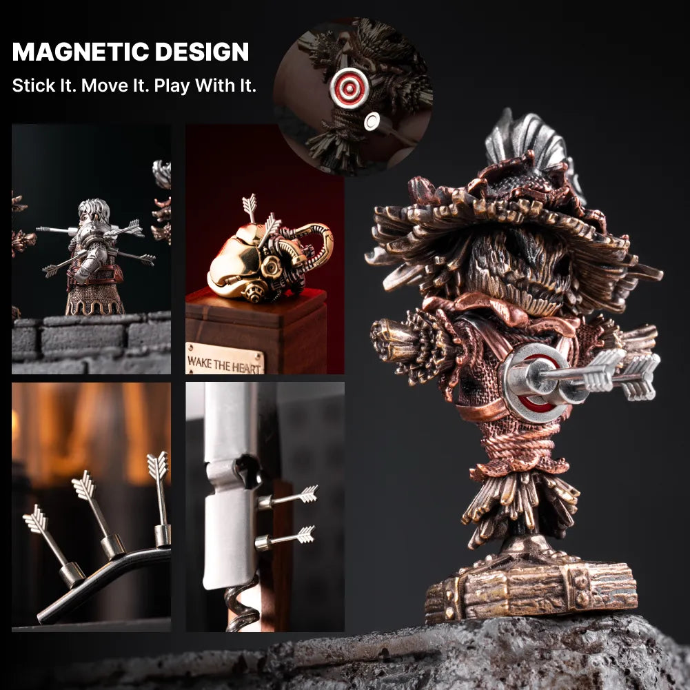 Magnetic target, removable arrows and interchangeable head on Scarecrow Training Dummy