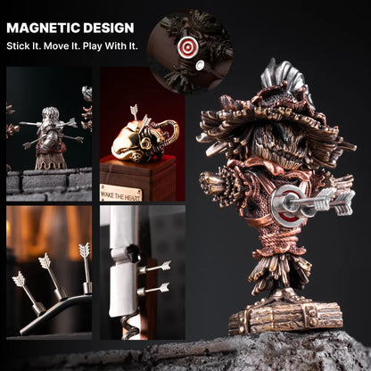 Magnetic target, removable arrows and interchangeable head on Scarecrow Training Dummy