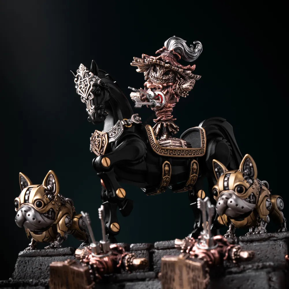 Mounted warrior figurine beside a Scarecrow Training Dummy battlefield accessory