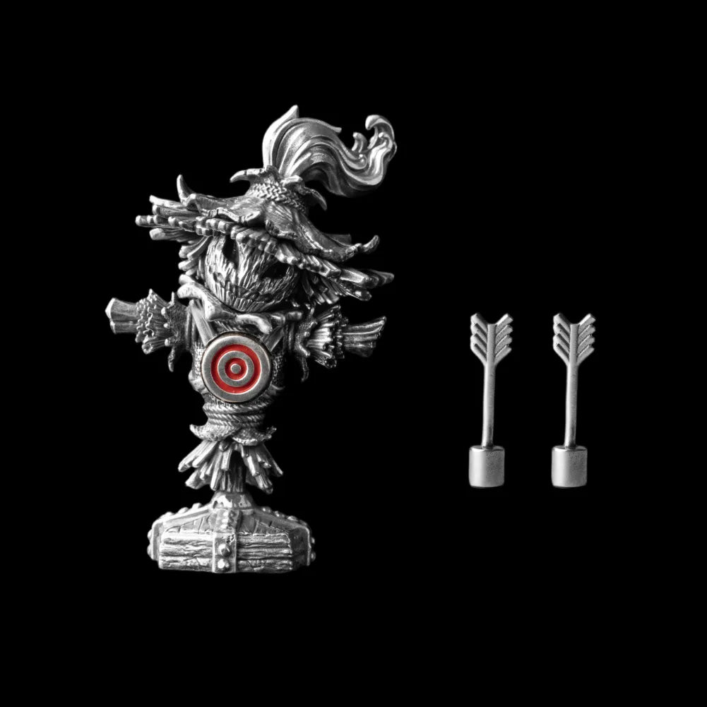 Oxidized silver Scarecrow Training Dummy with cinnabar target and two arrows