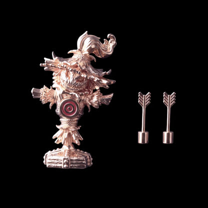 Rose gold finish Scarecrow Training Dummy with cinnabar target and two arrows