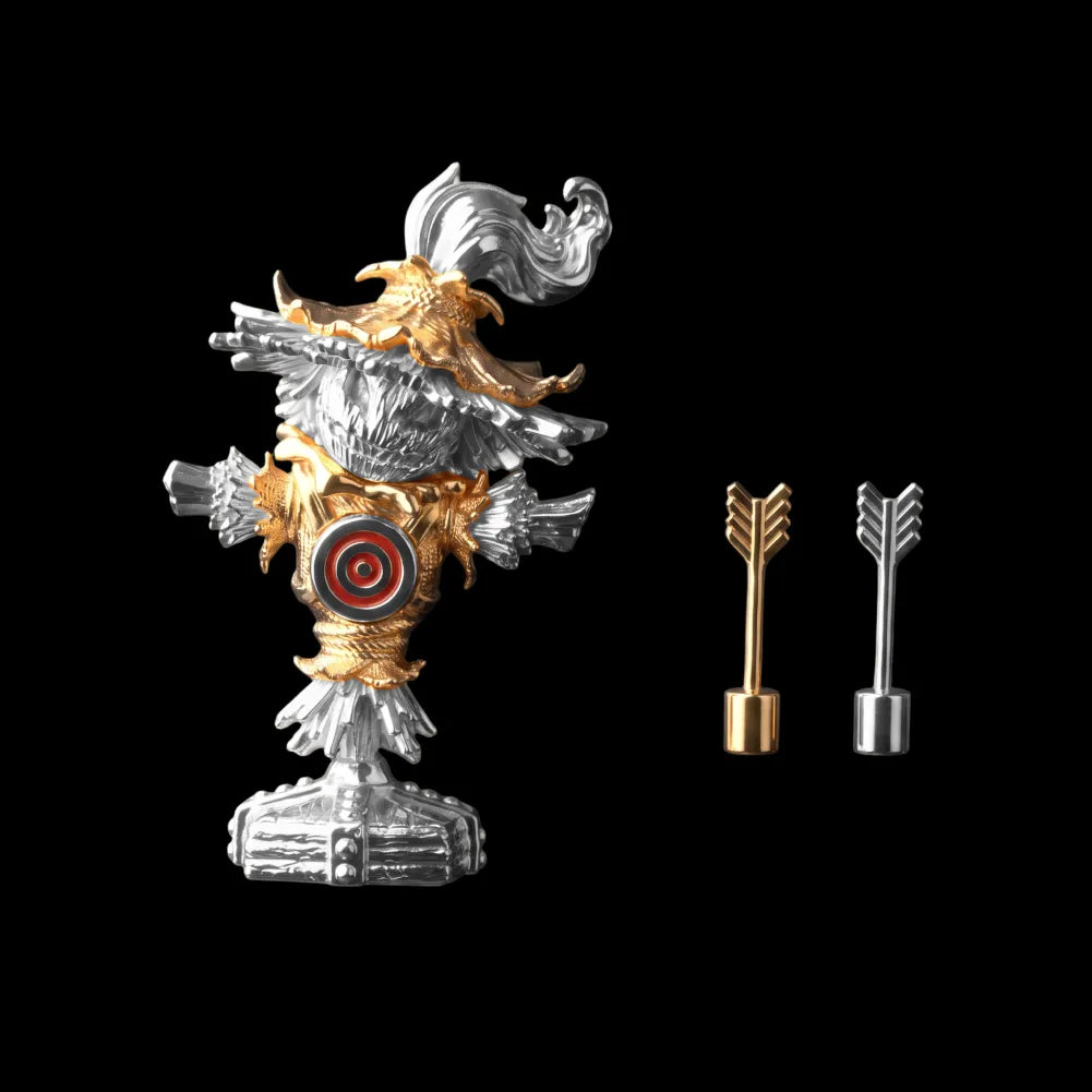 Two-tone silver and yellow gold Scarecrow Training Dummy with cinnabar target and arrows
