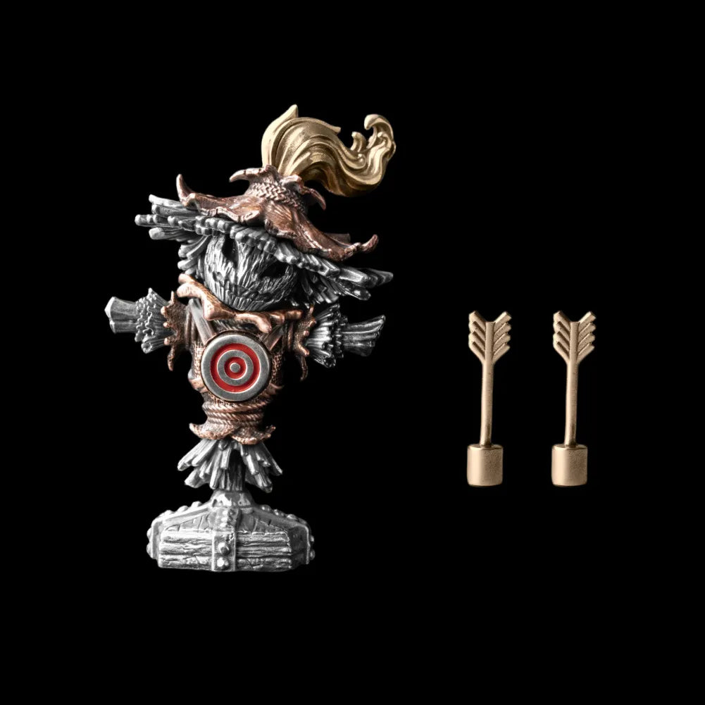 White bronze, copper and brass Scarecrow Training Dummy with cinnabar target and arrows