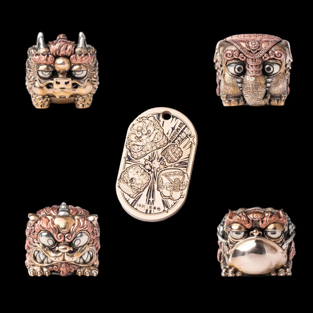 Four figurines and an oval Label Plaque arranged on a black background