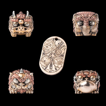 Four figurines and an oval Label Plaque arranged on a black background