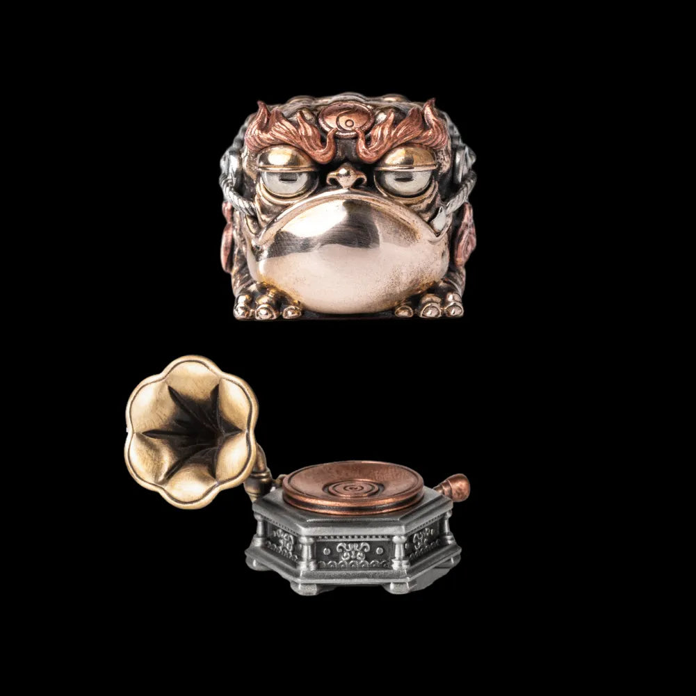 Seven-Star Money Toad figurine with a gramophone base on a black background