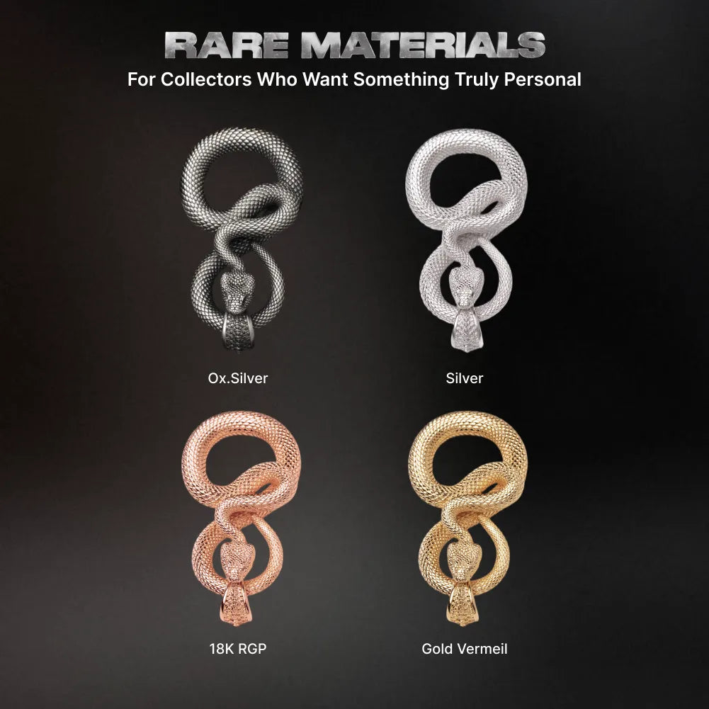 Snake Keychain in 18K White Gold Plated White Bronze, material and finish options shown in a comparison chart.
