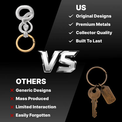 Snake Keychain in 18K White Gold Plated White Bronze, original design compared with a generic keychain.