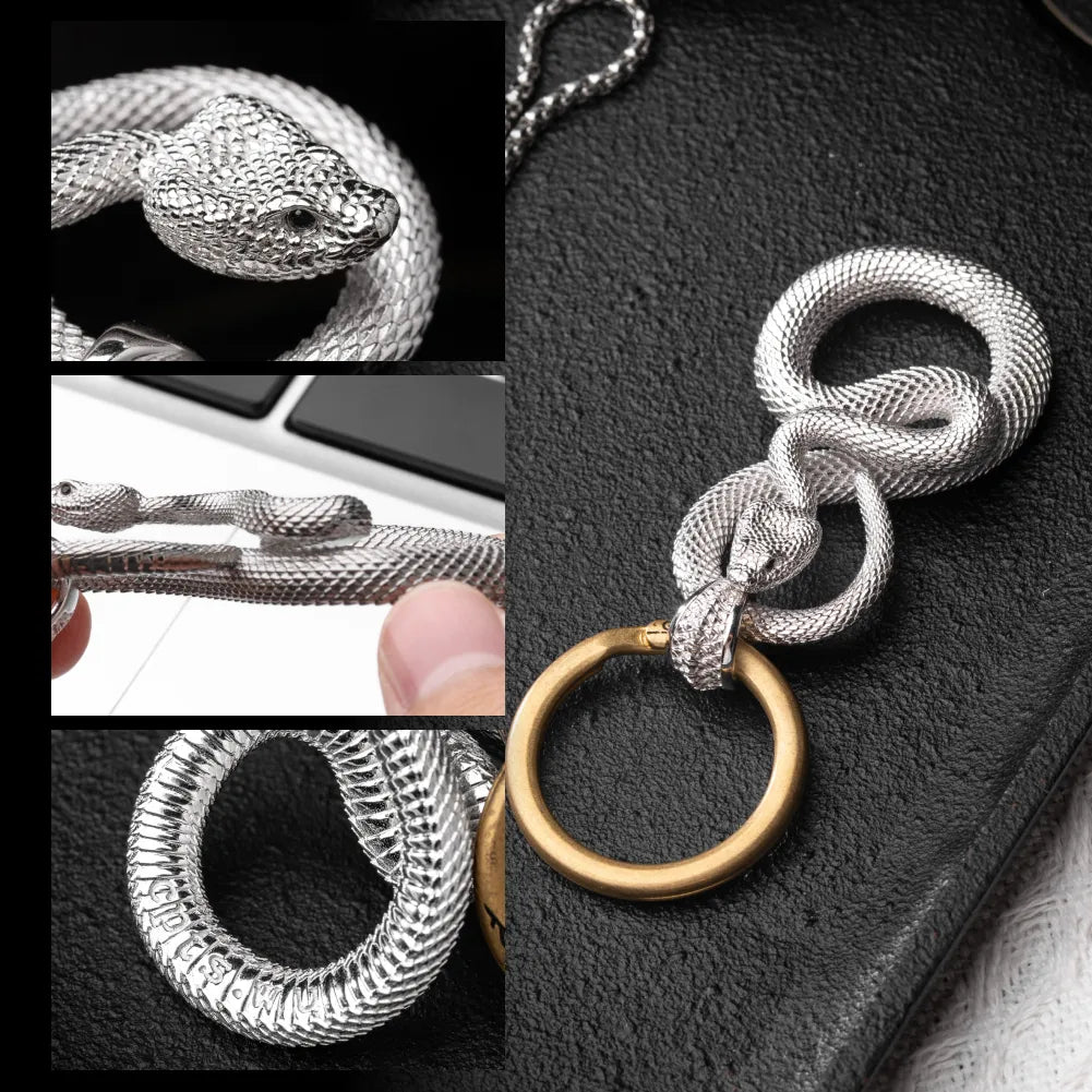 Snake Keychain in 18K White Gold Plated White Bronze, sculpted scales and engraving areas shown in a detail collage.