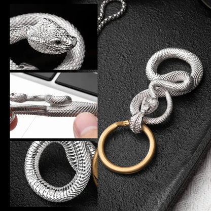 Snake Keychain in 18K White Gold Plated White Bronze, sculpted scales and engraving areas shown in a detail collage.