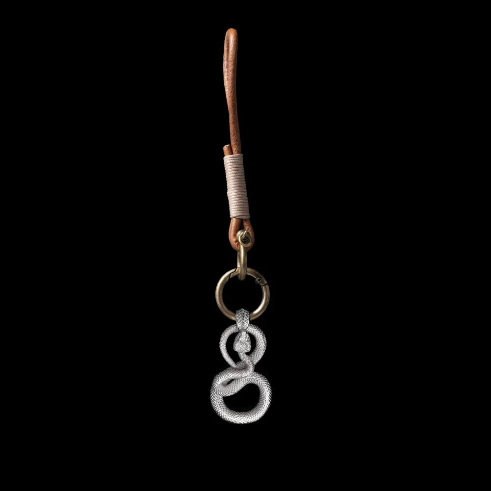 Snake keychain in 18K White Gold Plated White Bronze with With Horseshoe Clasp Keychain, black-background variant view