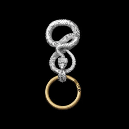 Snake keychain in 18K White Gold Plated White Bronze with With Key Ring, black-background variant view