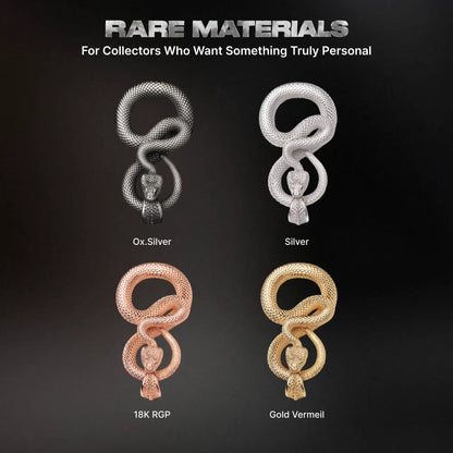 Snake Keychain in 24K Gold Plated Brass, material and finish options shown in a comparison chart.