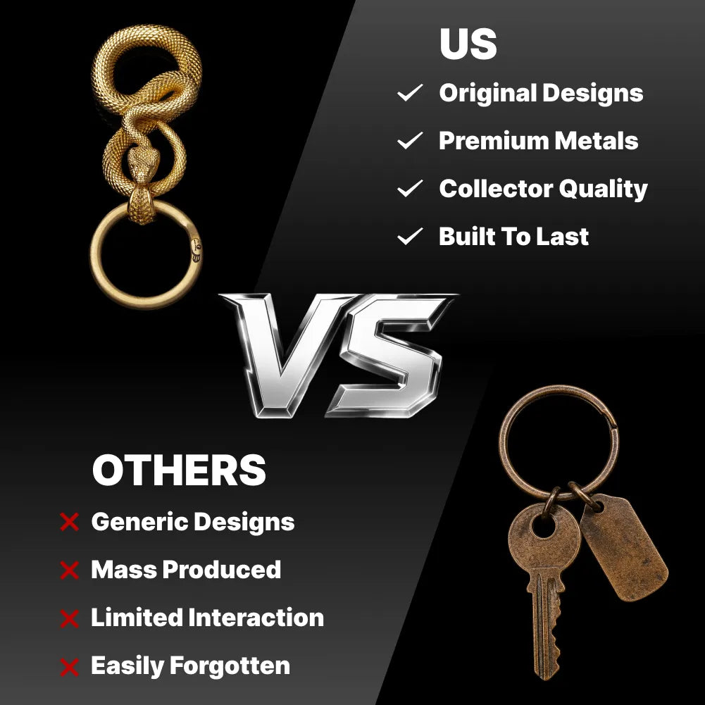 Snake Keychain in 24K Gold Plated Brass, original design compared with a generic keychain.