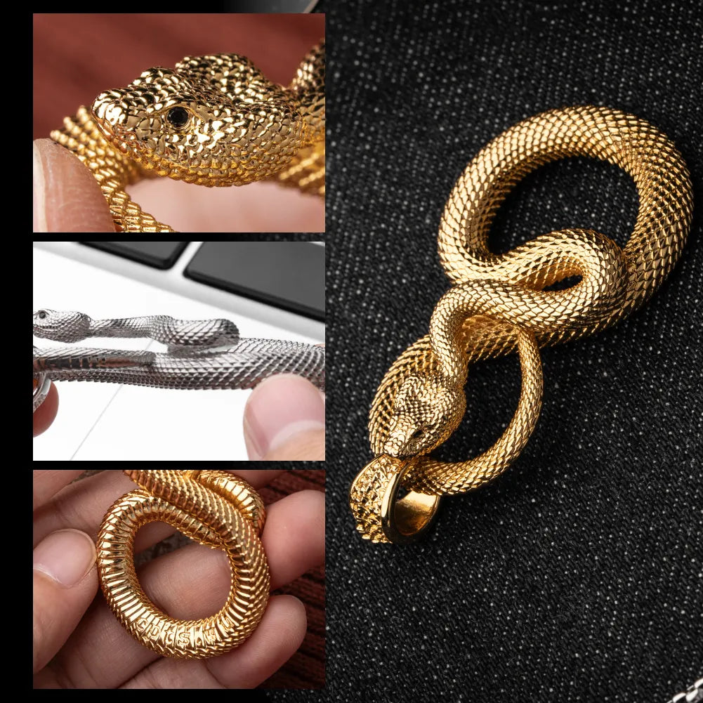 Snake Keychain in 24K Gold Plated Brass, sculpted scales and engraving areas shown in a detail collage.