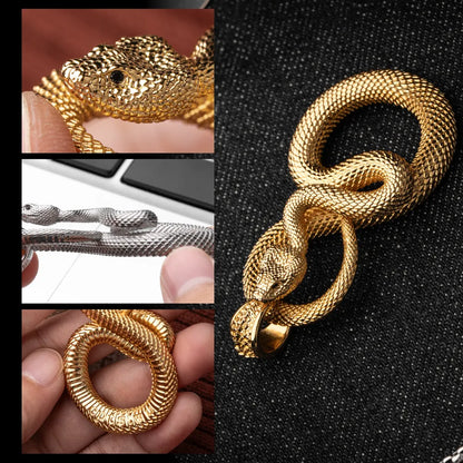 Snake Keychain in 24K Gold Plated Brass, sculpted scales and engraving areas shown in a detail collage.