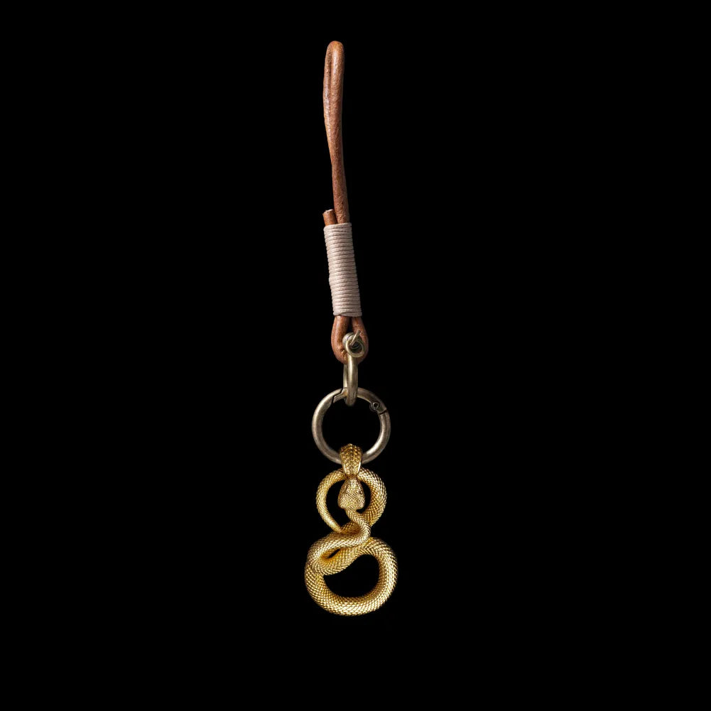 Snake keychain in 24K Gold Plated Brass with With Horseshoe Clasp Keychain, black-background variant view
