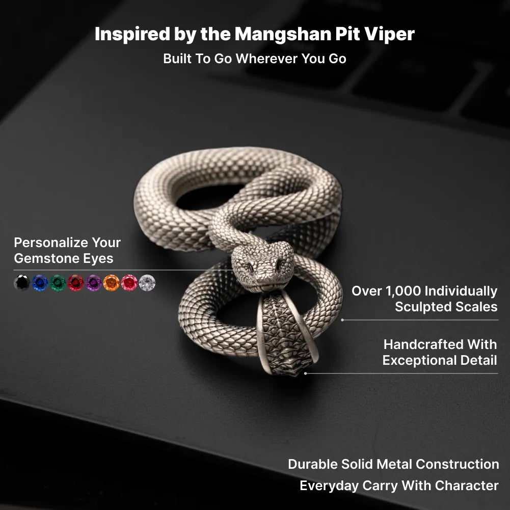 Snake Keychain in White Bronze, sculpted scales, gemstone eyes and solid-metal design shown in an infographic.