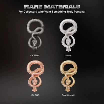 Snake Keychain in White Bronze, material and finish options shown in a comparison chart.