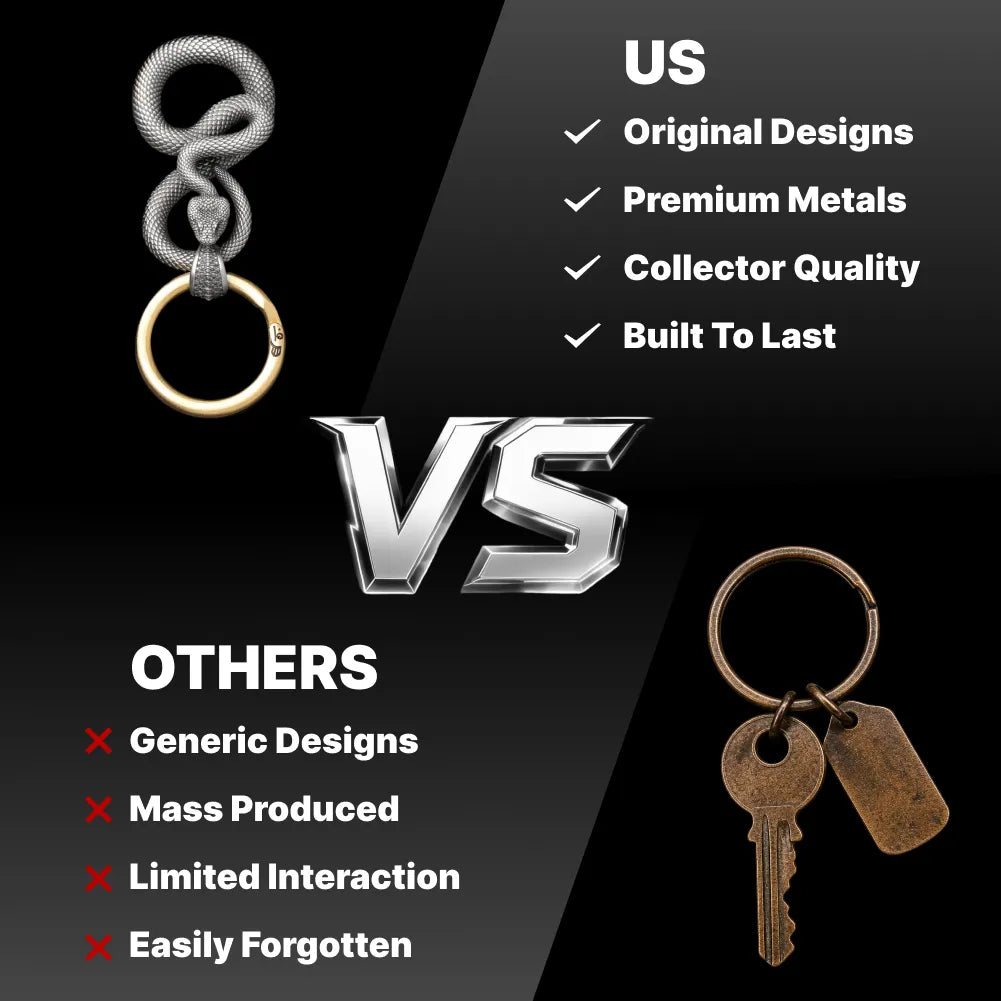 Snake Keychain in White Bronze, original design compared with a generic keychain.