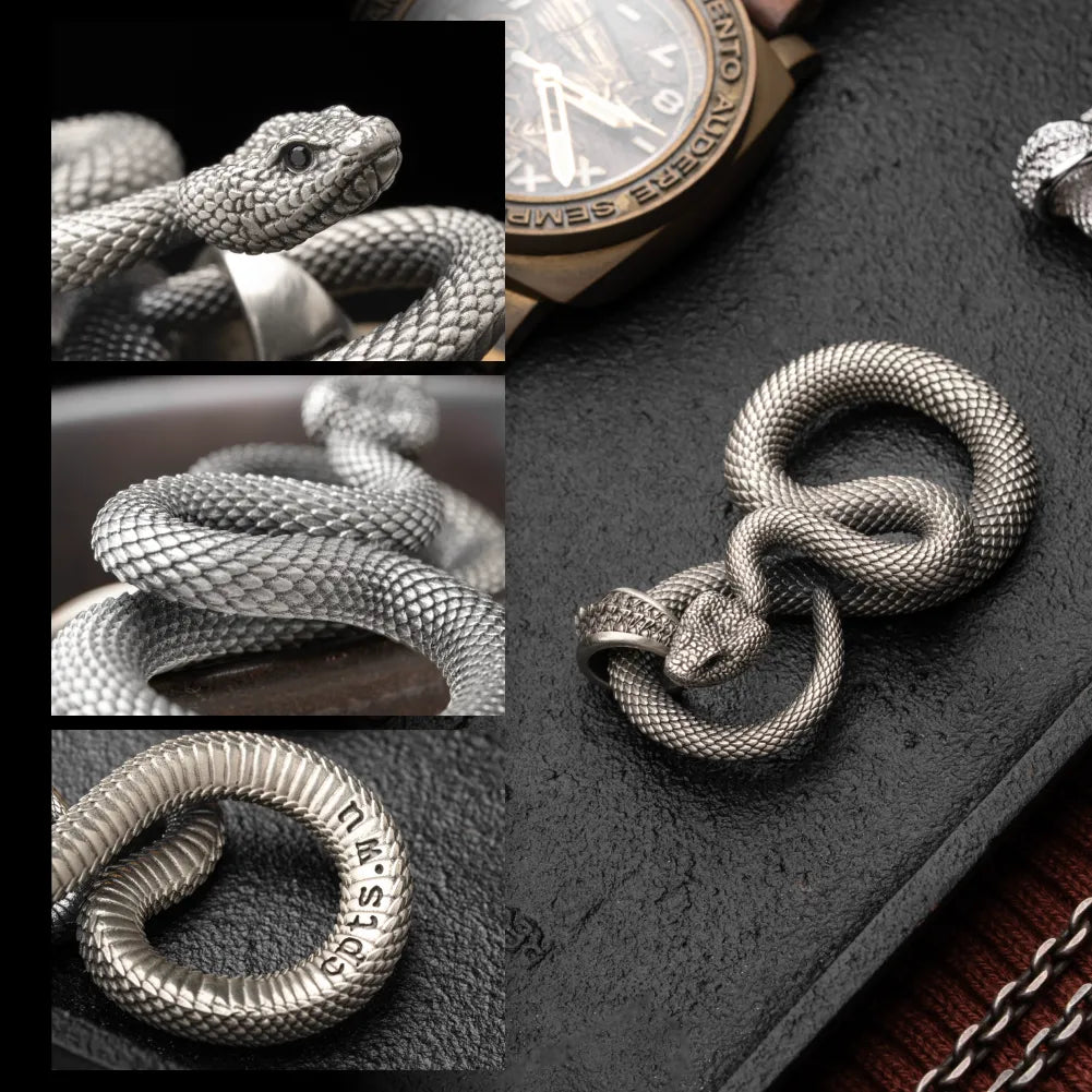 Snake Keychain in White Bronze, sculpted scales and engraving areas shown in a detail collage.