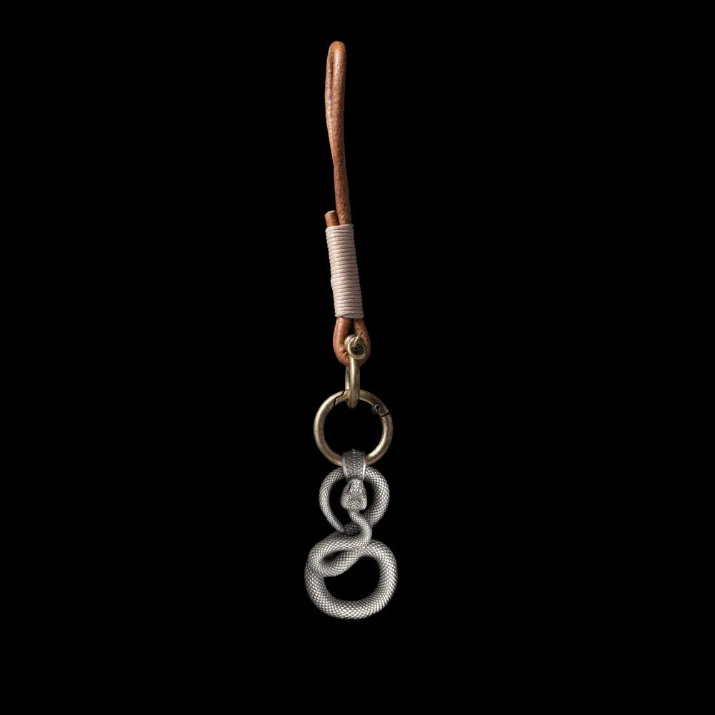 Snake keychain in White Bronze with With Horseshoe Clasp Keychain, black-background variant view