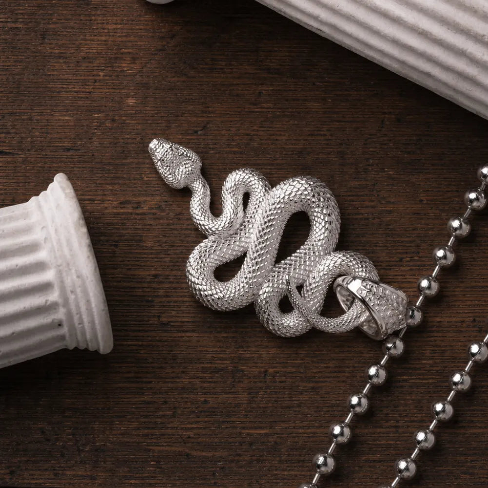 Snake Pendant in 18K White Gold Plated White Bronze, shown with a chain in a product flat lay.