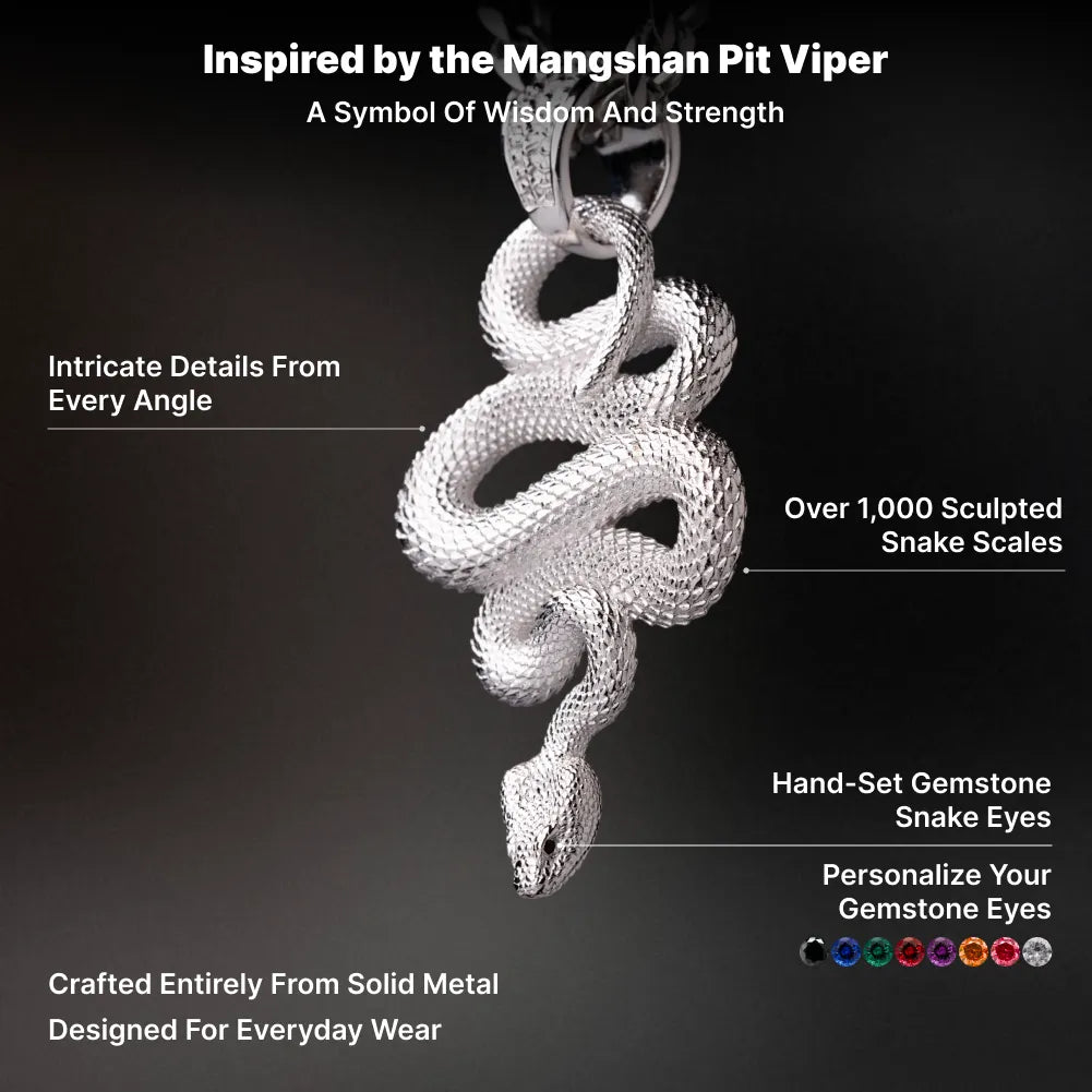 Snake Pendant in 18K White Gold Plated White Bronze, sculpted scales, gemstone eyes and solid-metal design shown in an infographic.