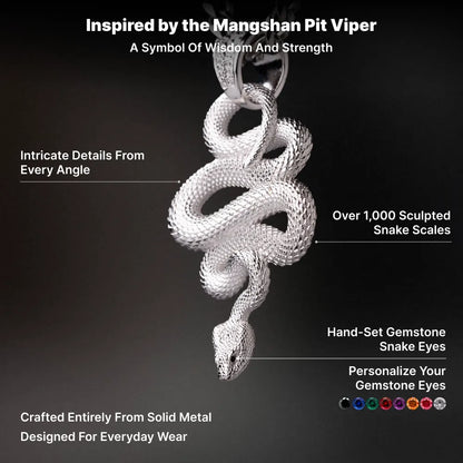 Snake Pendant in 18K White Gold Plated White Bronze, sculpted scales, gemstone eyes and solid-metal design shown in an infographic.