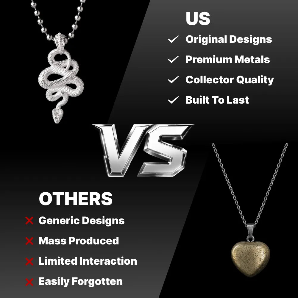 Snake Pendant in 18K White Gold Plated White Bronze, original design compared with a generic pendant.