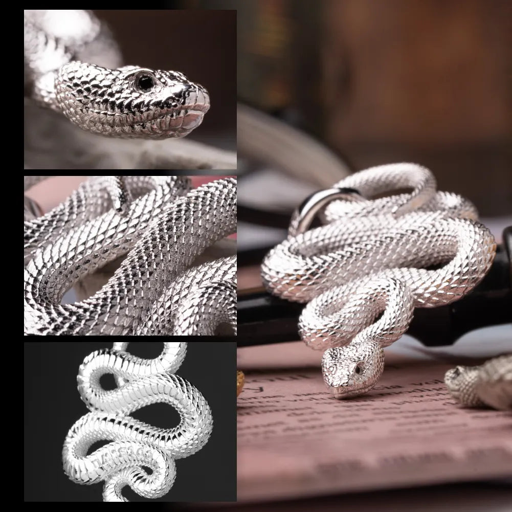 Snake Pendant in 18K White Gold Plated White Bronze, snake scales, head and pendant bail shown in a detail collage.