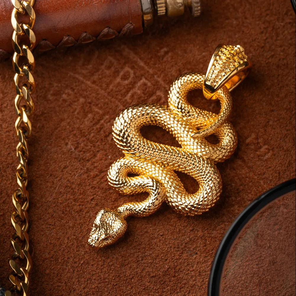 Snake Pendant in 24K Gold Plated Brass, shown with a chain in a product flat lay.