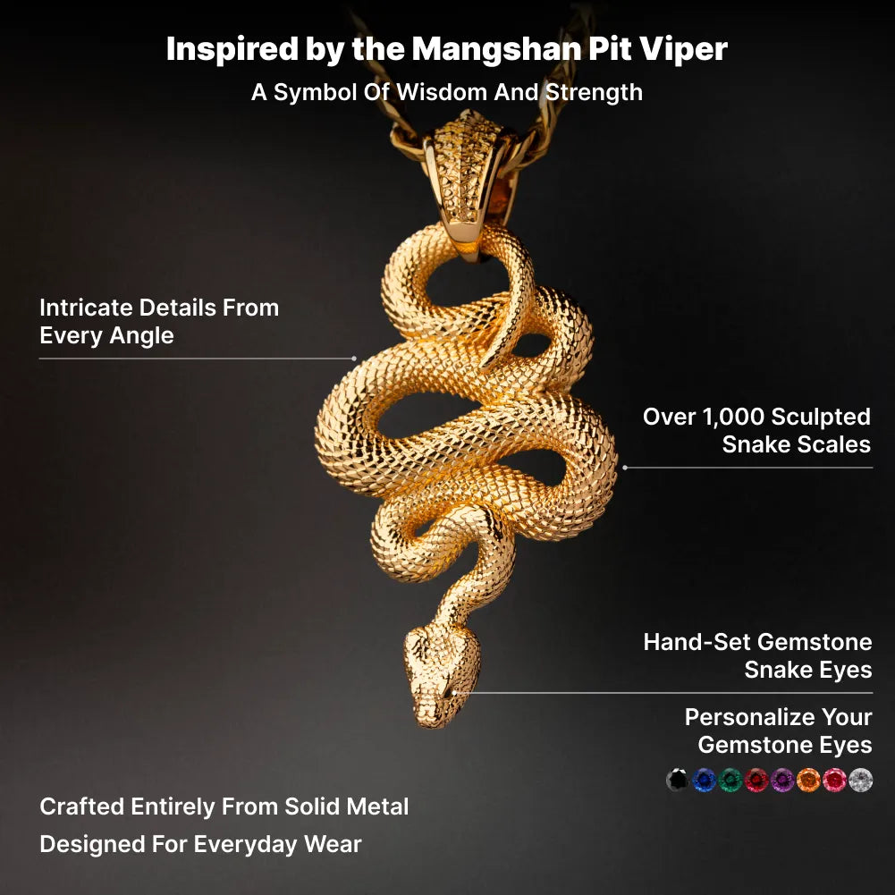 Snake Pendant in 24K Gold Plated Brass, sculpted scales, gemstone eyes and solid-metal design shown in an infographic.