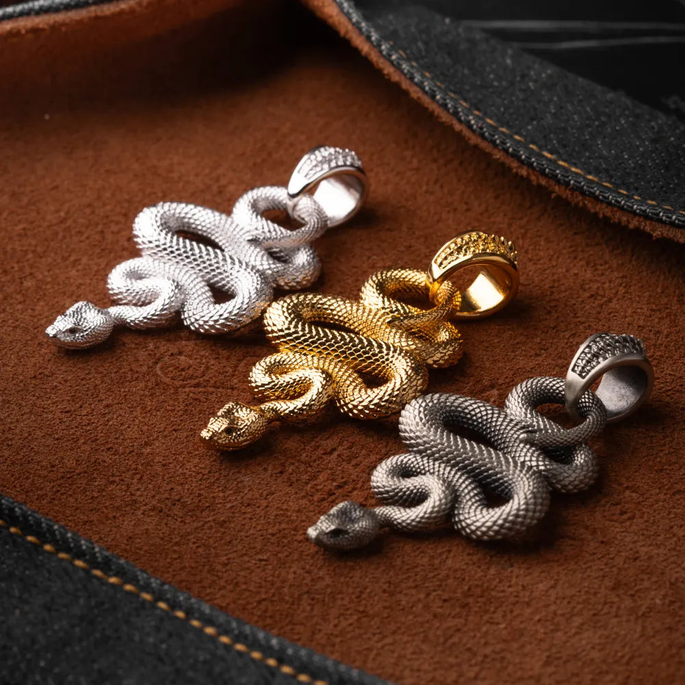 Snake Pendant in 24K Gold Plated Brass, multiple finishes arranged in a flat-lay comparison.