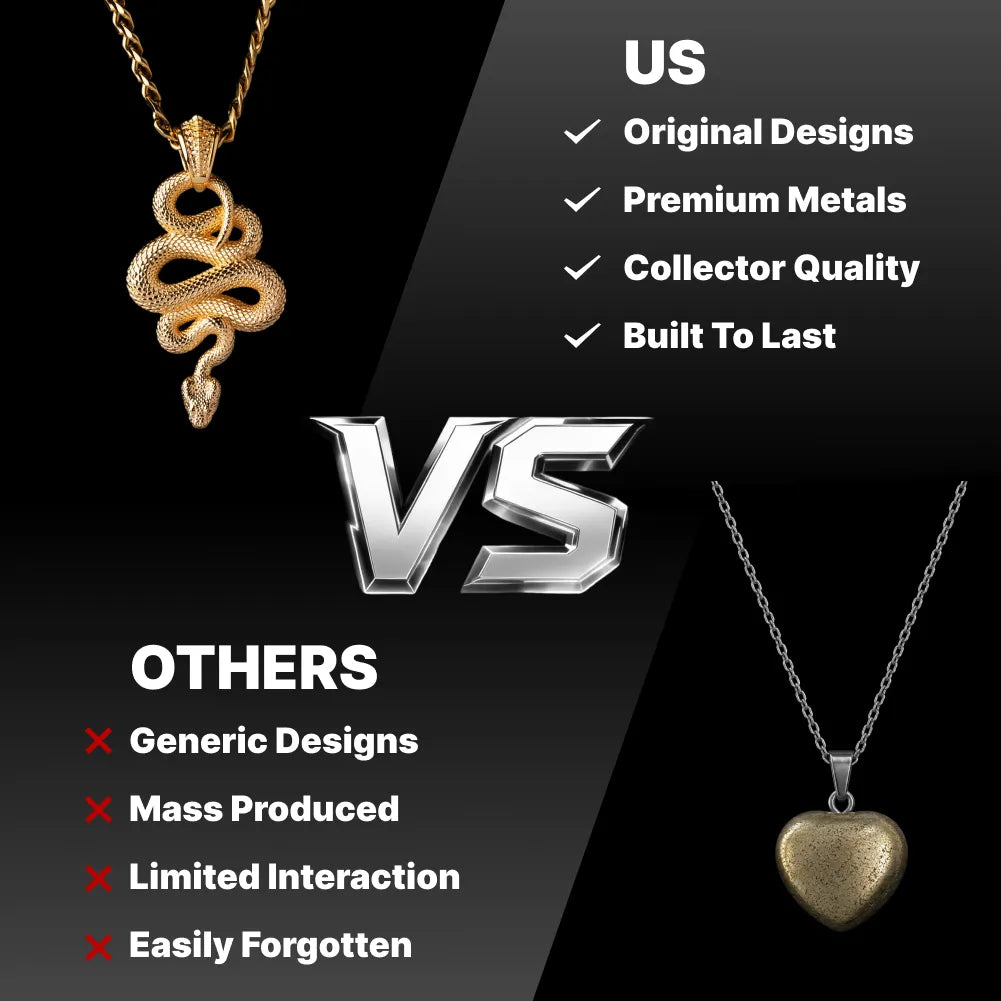 Snake Pendant in 24K Gold Plated Brass, original design compared with a generic pendant.
