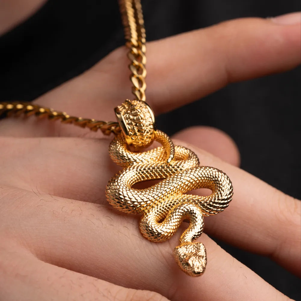 Snake Pendant in 24K Gold Plated Brass, worn as a necklace in an outdoor portrait.