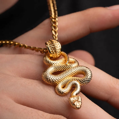 Snake Pendant in 24K Gold Plated Brass, worn as a necklace in an outdoor portrait.