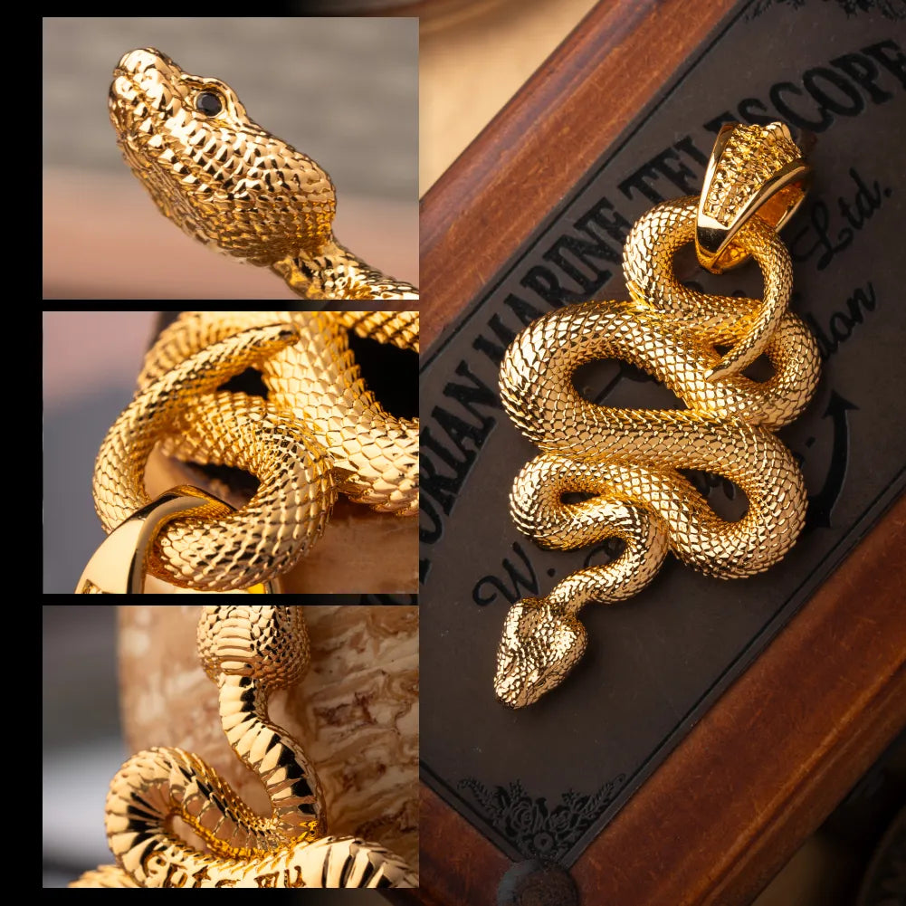 Snake Pendant in 24K Gold Plated Brass, snake scales, head and pendant bail shown in a detail collage.