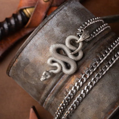Snake Pendant in White Bronze, shown with a chain in a product flat lay.