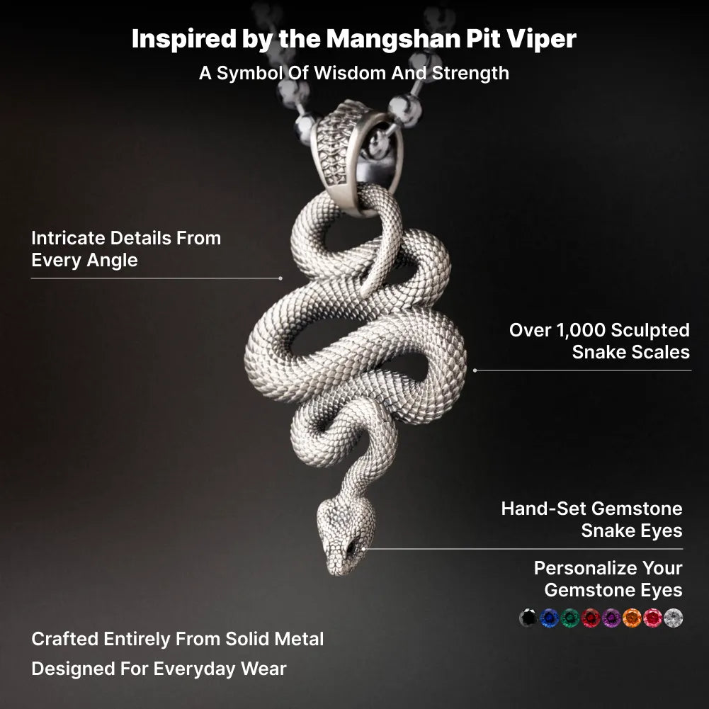 Snake Pendant in White Bronze, sculpted scales, gemstone eyes and solid-metal design shown in an infographic.