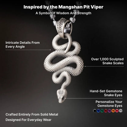 Snake Pendant in White Bronze, sculpted scales, gemstone eyes and solid-metal design shown in an infographic.