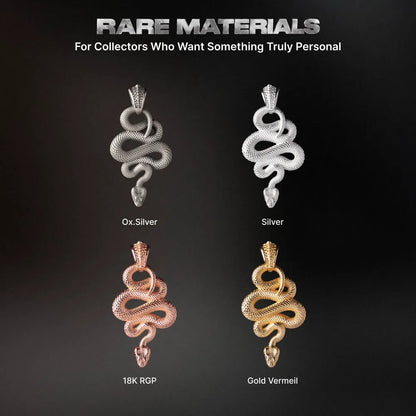 Snake Pendant in White Bronze, material and finish options shown in a comparison chart.