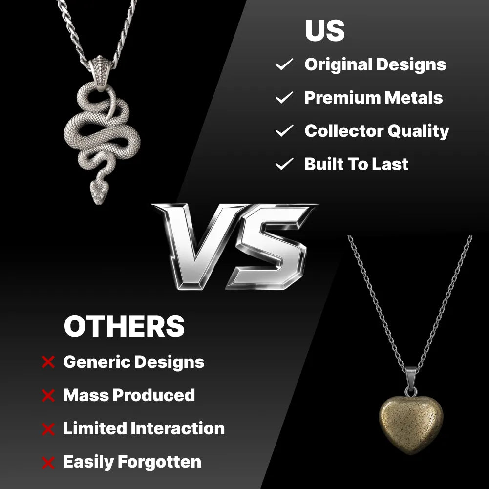 Snake Pendant in White Bronze, original design compared with a generic pendant.