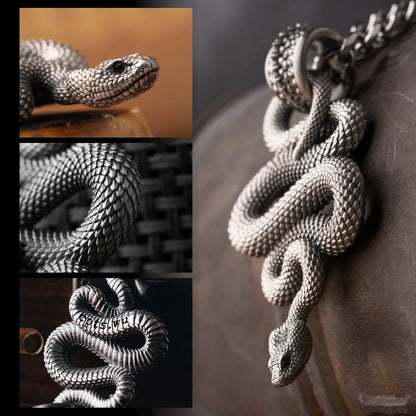 Snake Pendant in White Bronze, snake scales, head and pendant bail shown in a detail collage.
